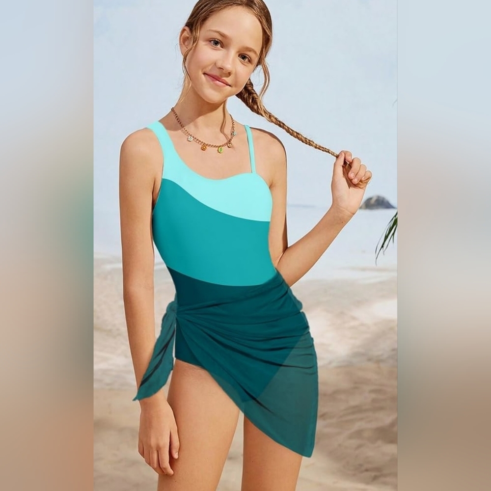 Chic Aqua and Teal Kids One-Piece Swimsuit Fits 15-16 Year Old